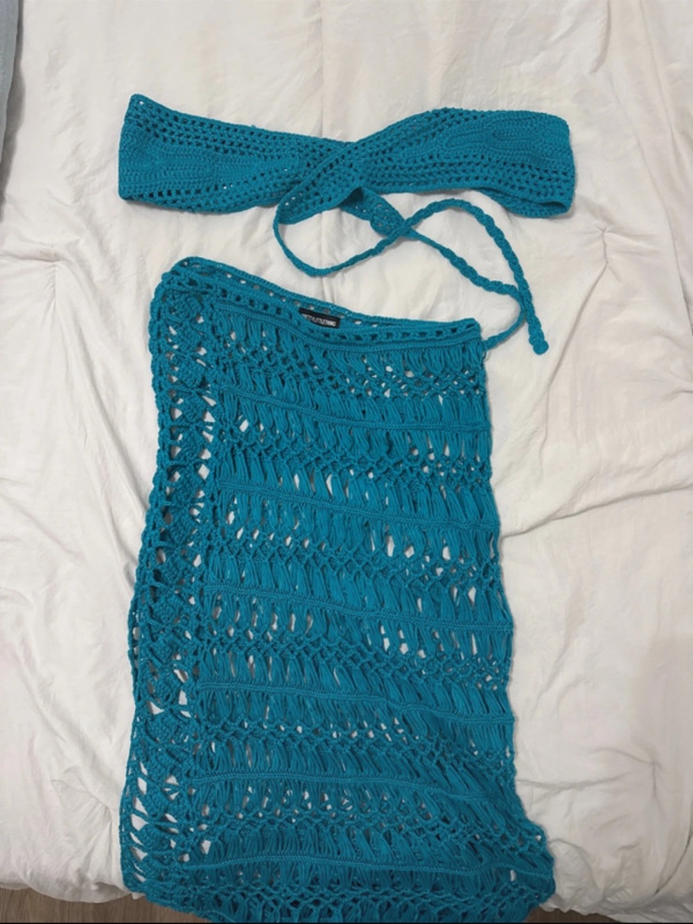 PrettyLittleThing Teal Crochet Bandeau Top and Skirt Set